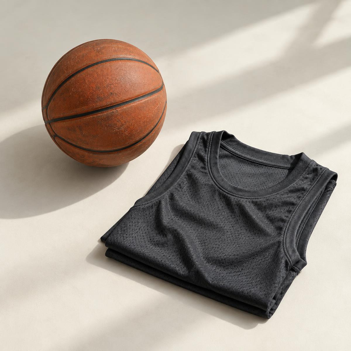 A basketball and folded training jersey