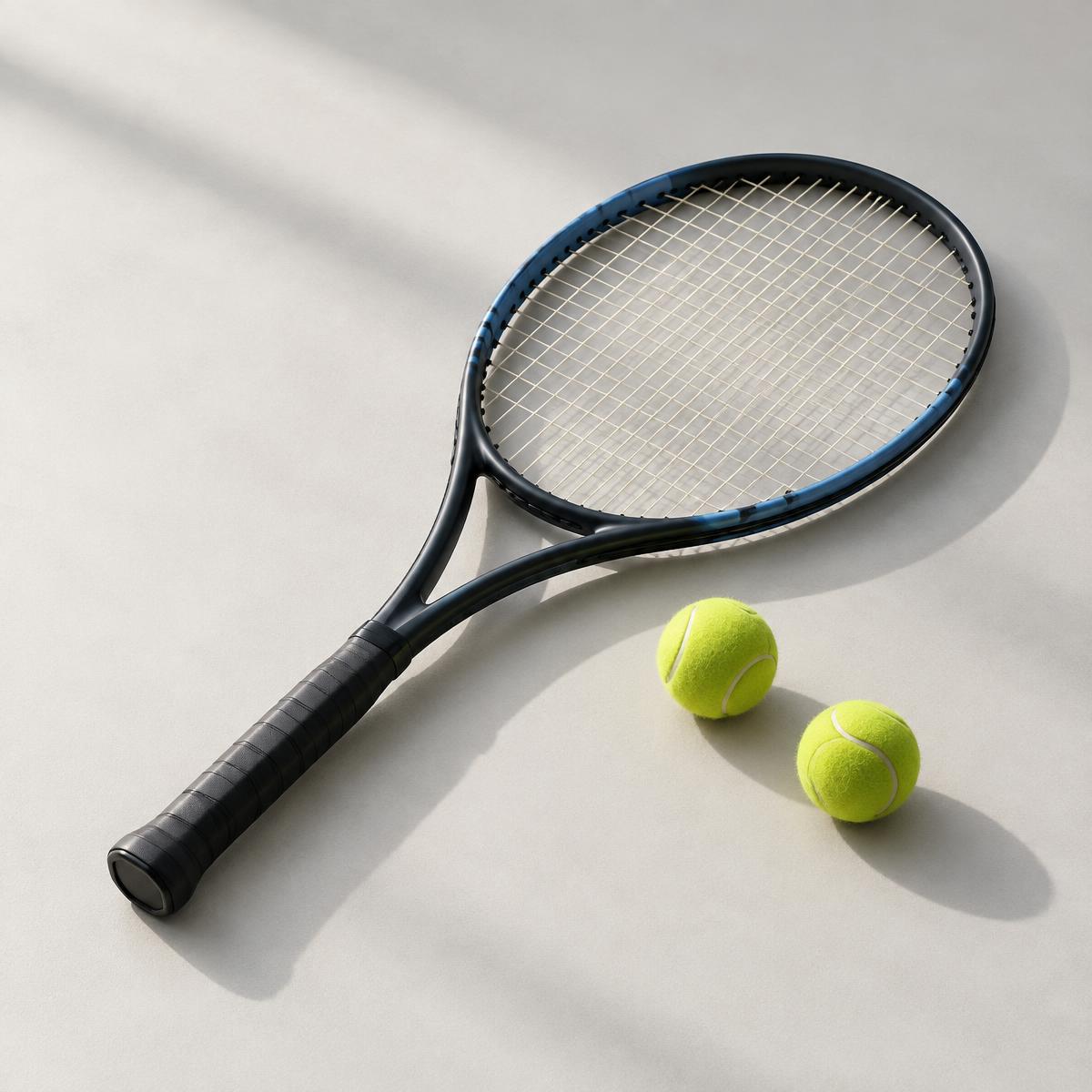 A tennis racket with two tennis balls